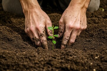 Hands gently planting young seedling into rich, dark soil, symbo