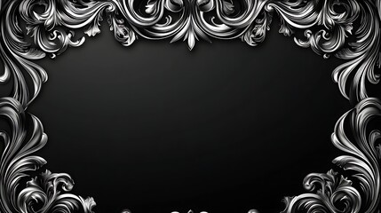 Elegant Silver Ornate Frame Design On Black Background