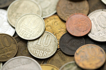 Big pile of different coins from various time period in Russia and Soviet Union. Old and dirty...