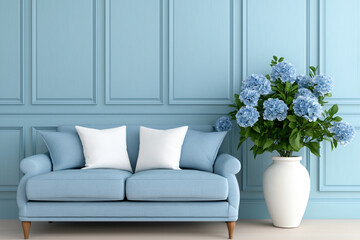 beautiful blue sofa with white cushions is placed against light blue wall, complemented by large vase of blue hydrangeas, creating serene and inviting atmosphere