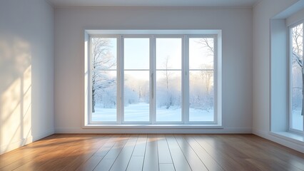 Fototapeta premium Modern Empty Room with Hardwood Floor and Winter Wonderland View - Sleek Minimalist Interior Design