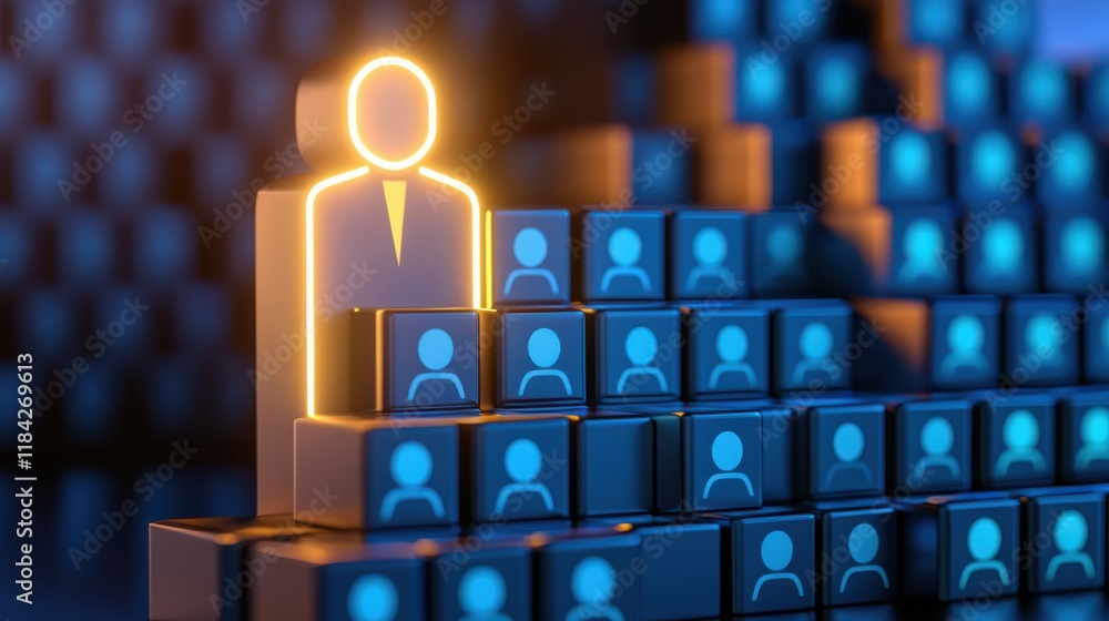 Poster network of user icons with highlighted figure, symbolizing leadership and connection in digital envi