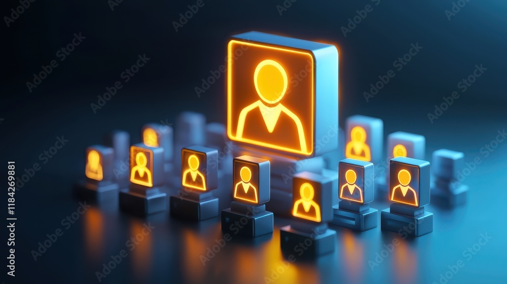 Poster digital icons representing users with glowing leader figure in center, symbolizing teamwork and coll