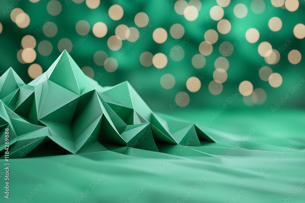 Poster low poly green mountain landscape with soft bokeh background, creating serene and artistic atmospher
