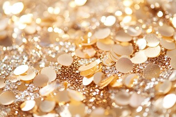Golden sequins shimmer on sparkling surface, creating festive at