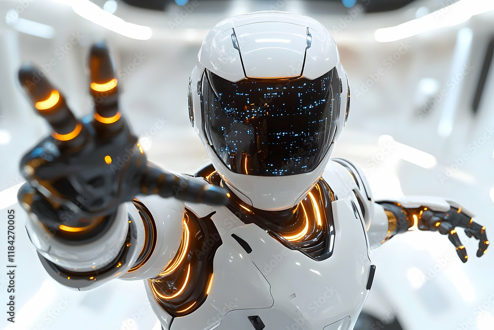 Poster close-up of a futuristic humanoid robot extending its hand in a peace gesture, showcasing advanced t