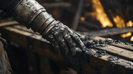 A knight tracing his gloved fingers over the charred remains of an ancient wooden pew.
