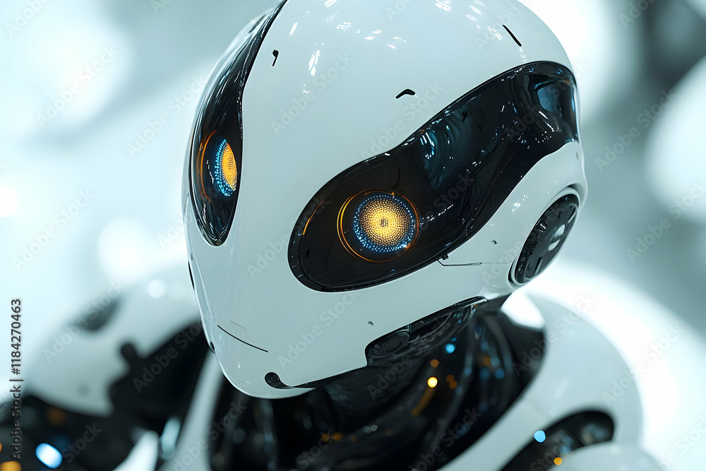 Poster close-up of a futuristic robot head with glowing eyes, showcasing advanced technology and artificial