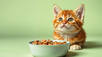 Adorable Ginger Kitten Looking Up Next to its Food Bowl