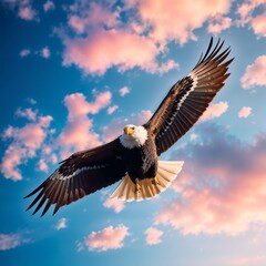 Naklejka premium Majestic Bald Eagle Soaring Against Dramatic Sunset Sky