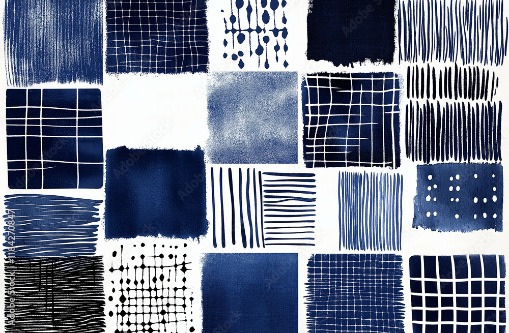 Poster minimalist watercolor block print line art – white and indigo geometric patterned grid design for mo