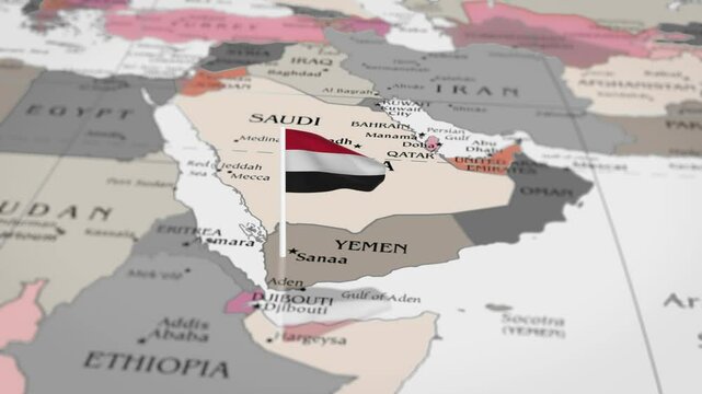 The camera rotating around  yemen on the world map takes the focus. The yemen flag is waving. South African flag waving on the map 4K Animation. 
