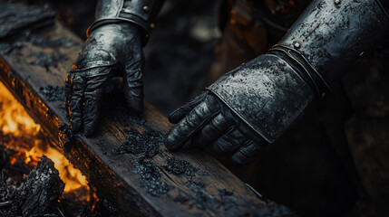 A knight tracing his gloved fingers over the charred remains of an ancient wooden pew.