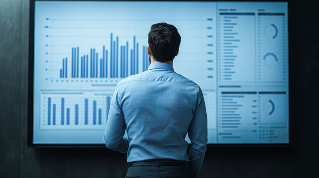 A man is looking at a computer monitor with a lot of graphs and numbers