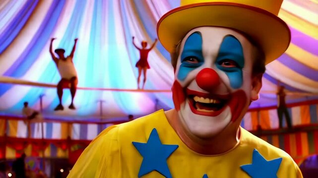 Brightly dressed clown entertains audience under a colorful circus tent with joyous laughter and captivating tricks