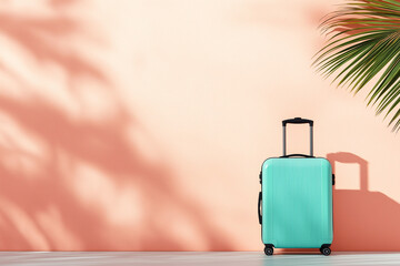 colorful suitcase stands against peach wall, surrounded by palm leaves, evoking tropical vacation vibe. Perfect for travel enthusiasts and summer adventures