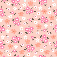 Seamless pattern with small flower on light orange background. Cute hand drawn floral pattern for your fabric, summer background, wallpaper, backdrop, textile. Vector illustration