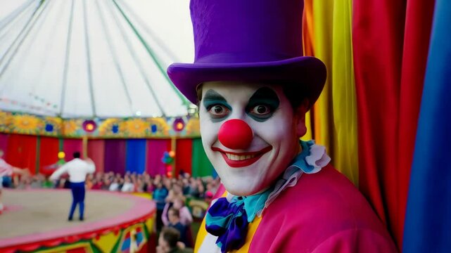 Clown entertains audience in vibrant circus tent during lively performance