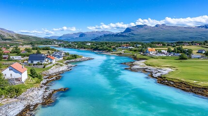 Fototapeta premium Turquoise Fjord Coastal Village Norway Scenic Summer Landscape