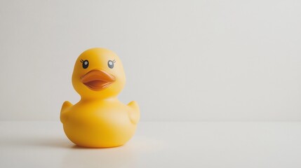 Cheerful Yellow Rubber Duck Floating in Water Isolated on White Background