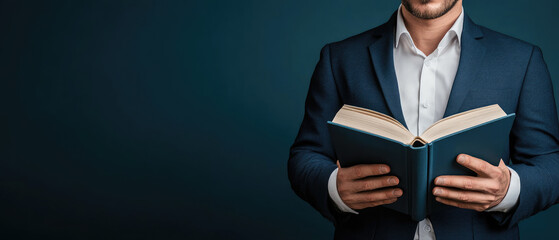 Businessman engaging in continuous learning by reading a business book in a modern office environment to foster growth and development