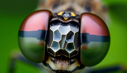 Naklejka premium Dragonfly's Face: A Close-Up Macro Shot Revealing Intricate Details and Metallic Hues