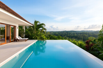 Fototapeta premium luxurious villa with infinity pool overlooking lush greenery, offering serene escape. tranquil setting invites relaxation and enjoyment of nature beauty