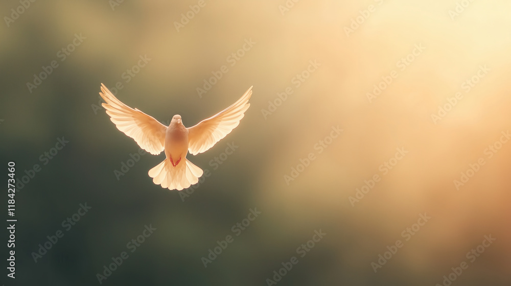 Aufkleber white dove in flight with wings fully spread, illuminated by soft golden light against a blurred gra