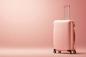 peach colored plastic suitcase on wheels, perfect for travel. Its sleek design and sturdy build make it ideal companion for any journey