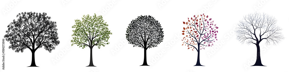 Poster set of elegant tree silhouette shapes in various seasons styles and colors minimalist abstract and n