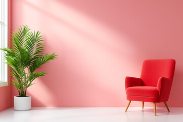 red velvet armchair is positioned against pink wall, complemented by green potted plant, creating vibrant and inviting atmosphere in room