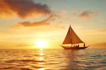 Sailing catamaran with people on calm water during sunset, creating serene atmosphere. warm colors of sky reflect beautifully on ocean surface