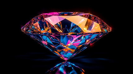 A vibrant diamond with prismatic colors reflecting under dramatic lighting, placed on a black background for a luxurious effect.
