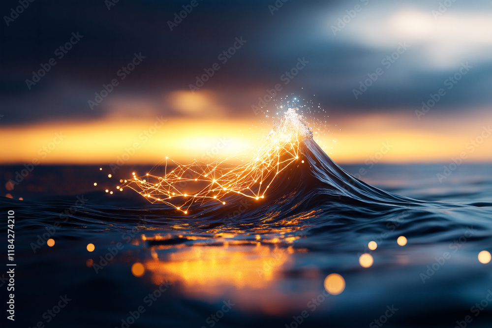 Poster stunning wave in ocean illuminated by glowing particles, creating mesmerizing effect at sunset. inte