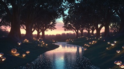 Peaceful waterway winding between dark tree silhouettes illuminated by the warm glow of many small lanterns or glowing orbs at sunset.