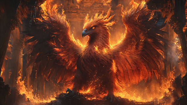 Fire phoenix reborn from the ash in an ancient temple. Ancient Greek mythology. 
