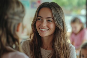 Happy teacher talks to high school student and her mother in hallway at school. Generative AI
