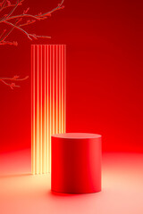 Modern minimalist composition with red geometric shapes, warm lighting, vertical striped accents, and subtle branches in a vibrant setting.
