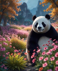 Pandas in the distance amidst a sea of glowing flowers, flora, night