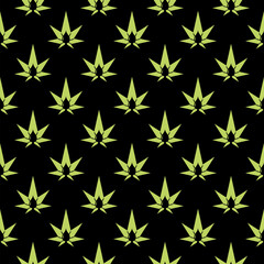 Medical marijuana or cannabis leaf olive oil drop icon isolated seamless pattern on black background