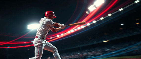 Professional baseball player swinging bat at night game in crowded stadium