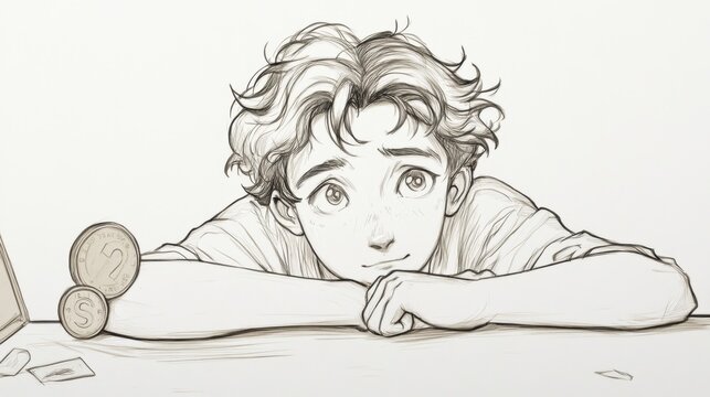 National One Cent Day Thoughtful child with coins on table