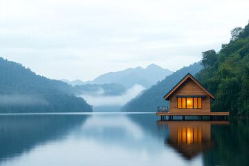 Fototapeta premium serene wooden house on tranquil lake, surrounded by misty mountains and lush greenery, creates peaceful atmosphere. soft glow from windows adds warmth to cool landscape