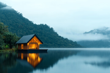 Obraz premium serene wooden house on tranquil lake, surrounded by misty mountains, reflecting warm light on water surface. perfect escape into nature beauty