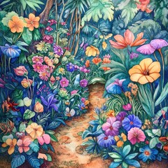 Vibrant floral pathway botanical garden watercolor art tropical setting eye-level view nature exploration