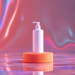 A white bottle of lotion is sitting on a round orange base. The bottle is placed on a table with a purple background. The image has a futuristic and artistic feel to it, with the bottle