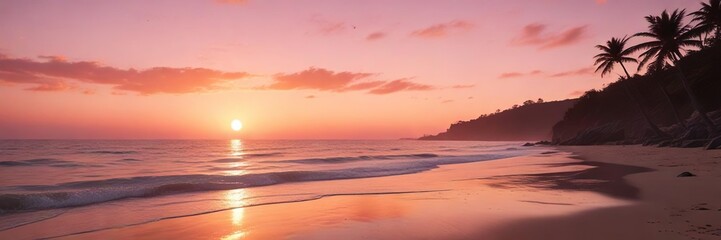 Fototapeta premium Soft pink and peach tones bleed into vibrant orange as day succumbs to night at the seaside, warm tones, peaceful evening