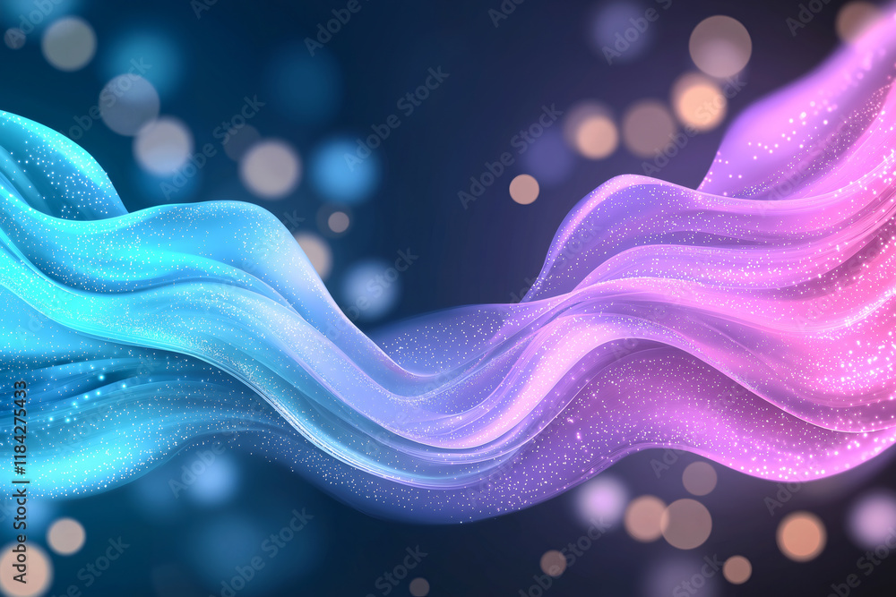 Poster flowing waves of blue and pink create mesmerizing abstract background with glowing bokeh effects. th