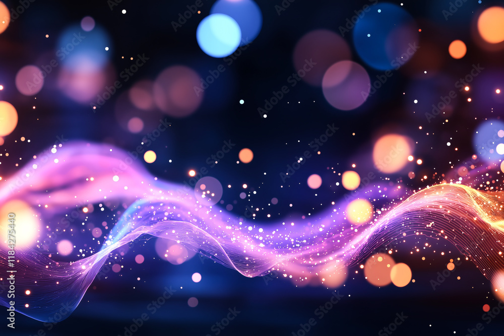 Poster vibrant abstract background with glowing waves and colorful bokeh lights, creating mesmerizing visua