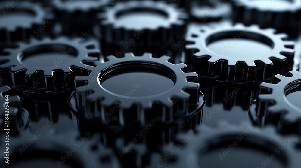 Poster glossy black circular mechanisms on a reflective surface for tech themes